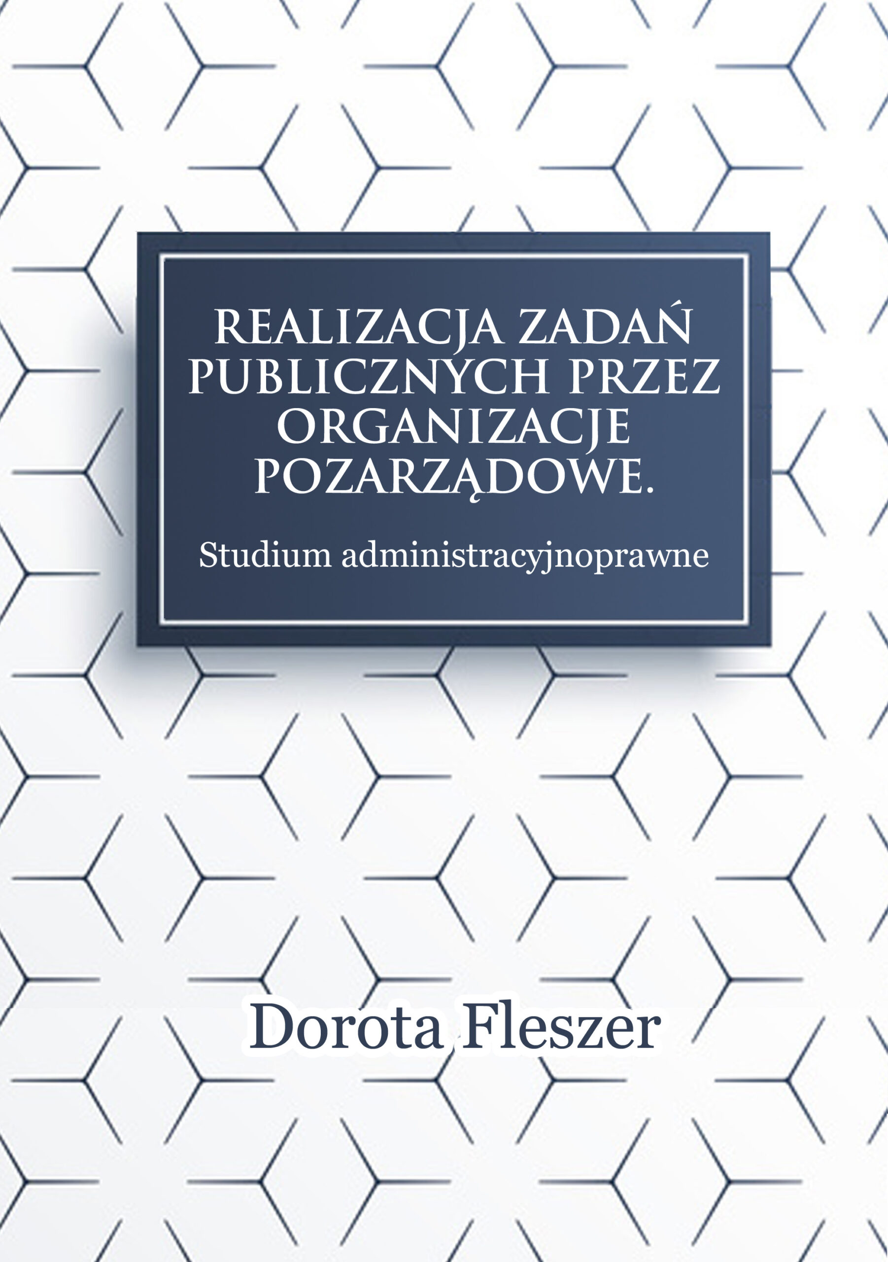 Okładka ma białe tło z geometrycznym wzorem złożonym z cienkich, ciemnych linii tworzących układ powtarzalnych kształtów. W centralnej części umieszczono granatową ramkę z tytułem publikacji zapisanym białą, wielowierszową czcionką. Pod grafiką znajduje się nazwisko autorki. Kompozycja jest minimalistyczna i utrzymana w chłodnej, kontrastowej kolorystyce.