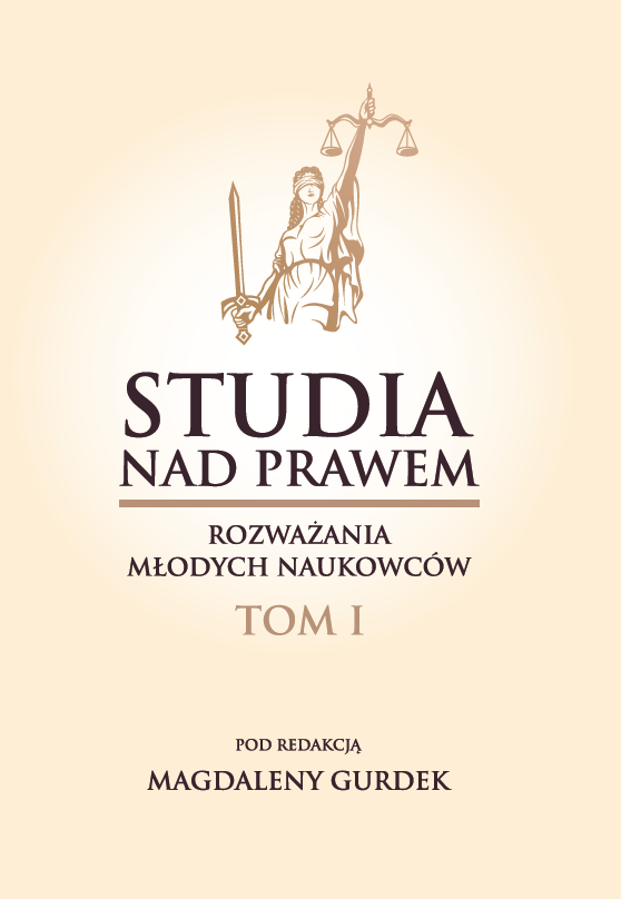 Okładka w beżowej kolorystyce. U góry znajduje się stylizowana grafika przedstawiająca Temidę trzymającą w prawej ręce wagę, a w lewej miecz. Poniżej duży tytuł „Studia nad prawem”, pod nim podtytuł „Rozważania młodych naukowców” oraz oznaczenie „Tom I”. Na dole widnieje informacja: „Pod redakcją Magdaleny Gurdek”.