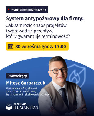 Plakat informujący o webinarium „System antypożarowy dla firmy”, które odbędzie się 30 września o godz. 17:00. Na grafice widnieje prowadzący Miłosz Garbarczuk, wykładowca i ekspert zarządzania projektami.