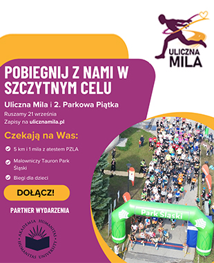 Plakat promujący bieg „Uliczna Mila i 2. Parkowa Piątka” odbywający się 21 września w Parku Śląskim, z informacjami o zapisach, dystansach i biegach dla dzieci. Po prawej stronie widać zdjęcie startu uczestników pod zieloną bramą z napisem „Park Śląski”.