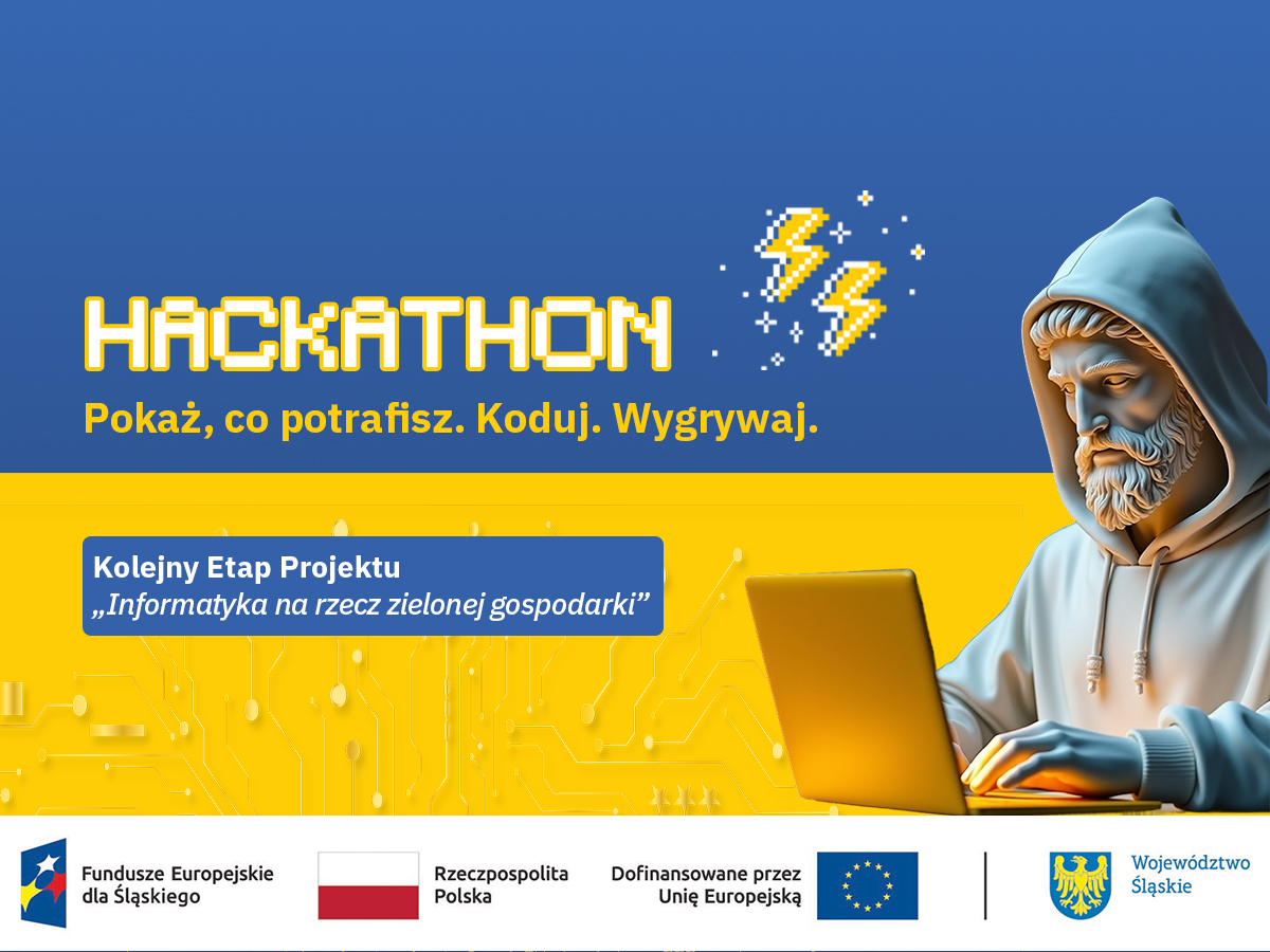Grafika promująca wydarzenie Hackathon z hasłem „Sprawdź swoje umiejętności w chmurze!”, przedstawiająca klasyczne popiersie w kapturze pracujące przy laptopie na żółto-niebieskim tle.