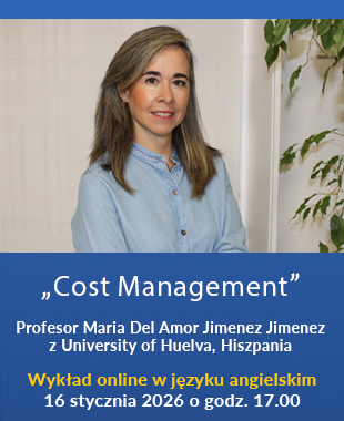 Plakat wydarzenia „Cost Management” z fotografią prof. Marii Del Amor Jimenez Jimenez z Uniwersytetu w Huelvie (Hiszpania), zapowiadający wykład online w języku angielskim 16 stycznia 2026 roku