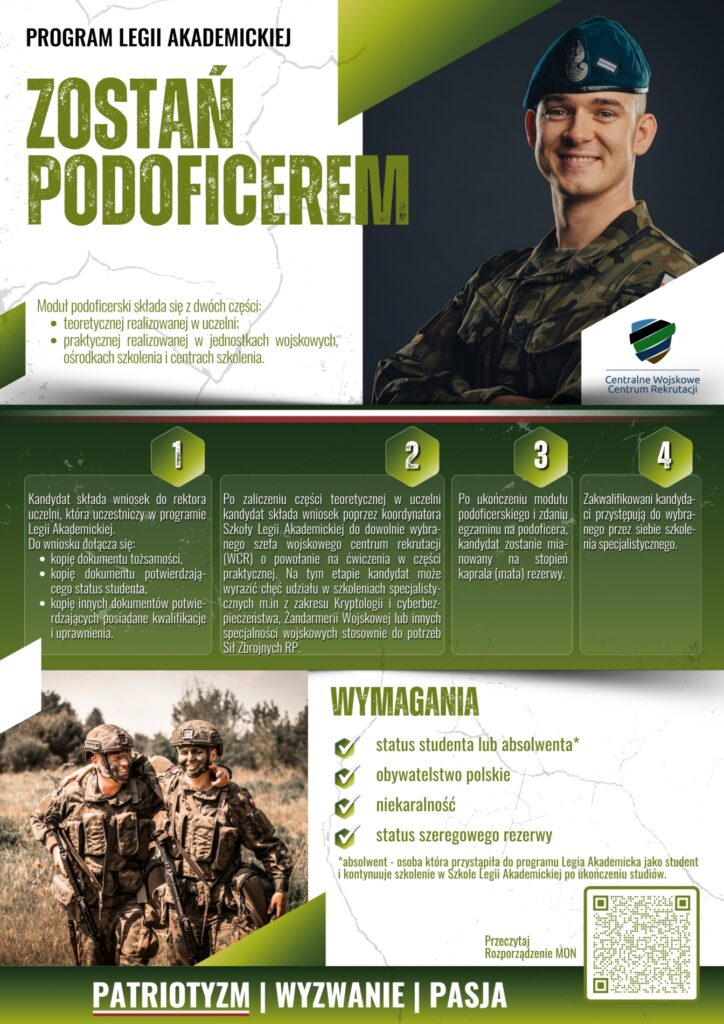 Plakat informacyjny programu Legii Akademickiej z hasłem „Zostań podoficerem”. Grafika przedstawia uśmiechniętego żołnierza Wojska Polskiego w mundurze oraz zdjęcie żołnierzy podczas szkolenia. Plakat zawiera opis modułu podoficerskiego, etapy rekrutacji, wymagania wobec kandydatów oraz hasło „Patriotyzm | Wyzwanie | Pasja” wraz z logo Centralnego Wojskowego Centrum Rekrutacji.