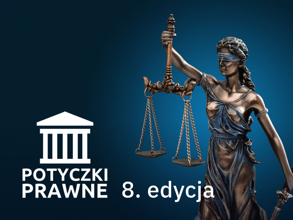 Grafika promocyjna „Potyczki Prawne – 8. edycja” przedstawiająca statuetkę Temidy z wagą w dłoni na granatowym tle oraz biały symbol budynku sądu z tytułem wydarzenia.
