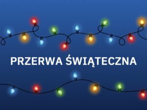 Grafika granatowa z kolorowymi światełkami i napis Przerwa Świąteczna