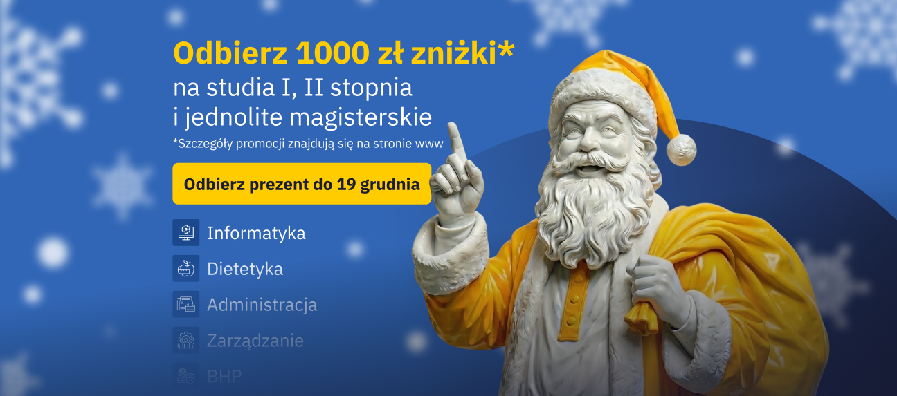 Mikołaj na świątecznej grafice promującej 1000 zł zniżki na studia I i II stopnia oraz jednolite magisterskie w Akademii Humanitas.