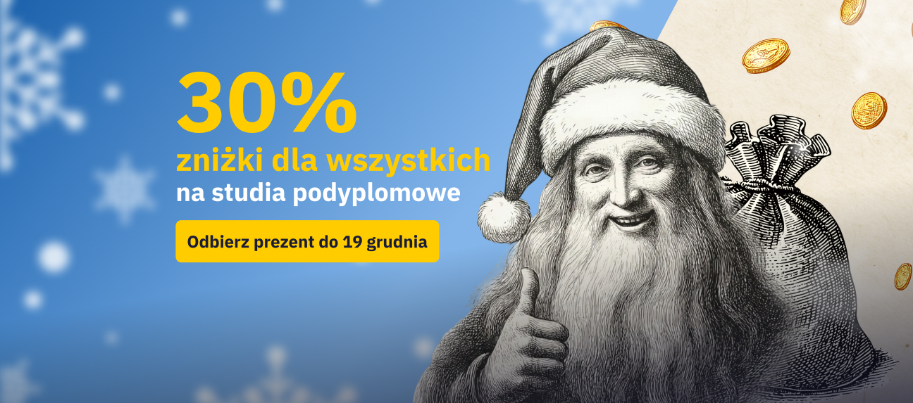 Świąteczna grafika z Mikołajem i informacją o 30% zniżki na studia podyplomowe w Akademii Humanitas.