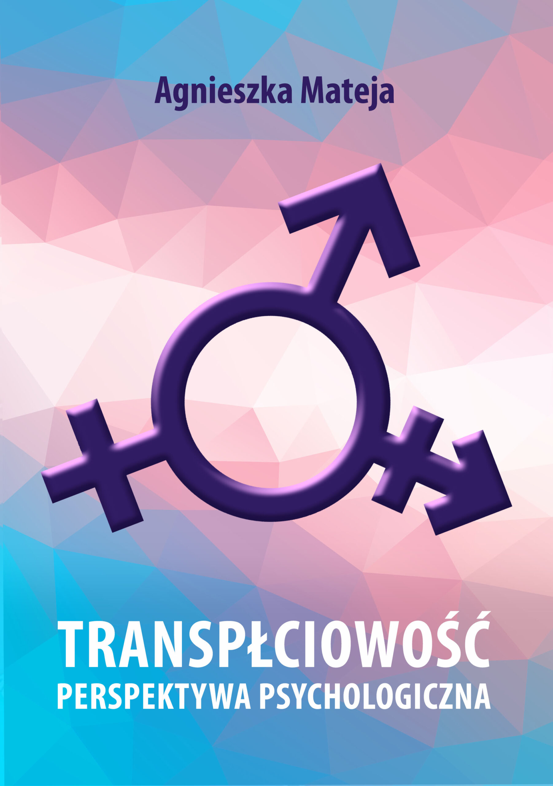 Na okładce książki widoczny jest stylizowany symbol płci, łączący elementy znaków męskiego i żeńskiego, przedstawiony w kolorze fioletowym. Tło stanowi geometryczny wzór z wielokątów w odcieniach różu, fioletu i błękitu. U góry okładki umieszczono imię i nazwisko autorki: Agnieszka Mateja. Na dole znajduje się tytuł książki „Transpłciowość. Perspektywa psychologiczna”.