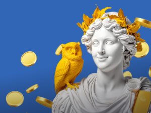 „Biała klasyczna rzeźba postaci z wieńcem z żółtych liści i żółtą sową na ramieniu, otoczona unoszącymi się złotymi monetami na niebieskim tle.”