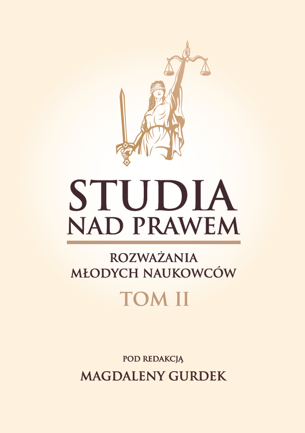 Okładka publikacji naukowej w jasnej, beżowej kolorystyce. Na środku znajduje się stylizowana ilustracja Temidy trzymającej miecz i wagę, symbolizująca wymiar sprawiedliwości. Poniżej widnieje tytuł: „Studia nad prawem. Rozważania młodych naukowców, Tom II”. Na dole okładki umieszczono informację o redakcji: „Pod redakcją Magdaleny Gurdek”.