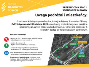 Grafika informująca o zmianach w organizacji ruchu z powodów remontu dworca Głównego w Sosnowcu