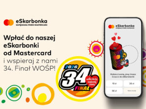 Grafika promująca eSkarbonkę Mastercard z hasłem zachęcającym do wsparcia 34. Finału WOŚP; po prawej widoczny smartfon z aplikacją eSkarbonki.