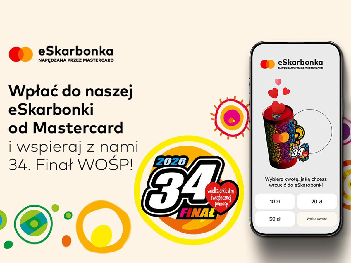 Grafika promująca eSkarbonkę Mastercard z hasłem zachęcającym do wsparcia 34. Finału WOŚP; po prawej widoczny smartfon z aplikacją eSkarbonki.