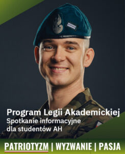 Plakat informacyjny: młody żołnierz w mundurze i berecie wojskowym, uśmiechnięty; tekst: ‘Program Legii Akademickiej – Spotkanie informacyjne dla studentów AH. Patriotyzm | Wyzwanie | Pasja’.