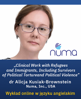 Portret kobiety w okularach; grafika promuje wykład online dr Alicji Kusiak-Brownstein o pracy z uchodźcami i migrantami.