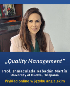 Portret kobiety; grafika promuje wykład online prof. Inmaculady Rabadán Martín o zarządzaniu jakością, w języku angielskim.