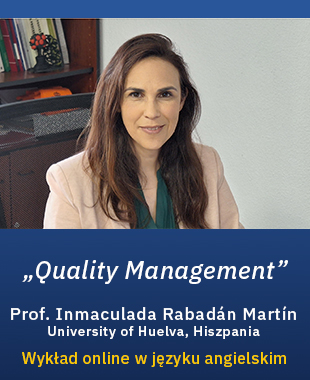 Portret kobiety; grafika promuje wykład online prof. Inmaculady Rabadán Martín o zarządzaniu jakością, w języku angielskim.