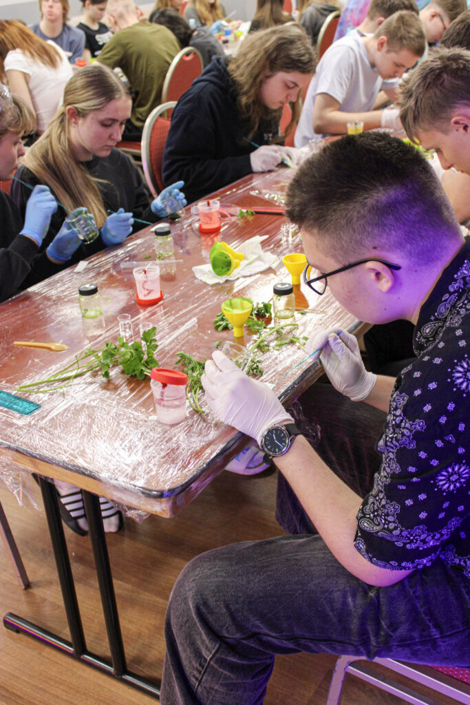 Uczniowie prowadzą eksperymenty z roślinami podczas warsztatów laboratoryjnych.