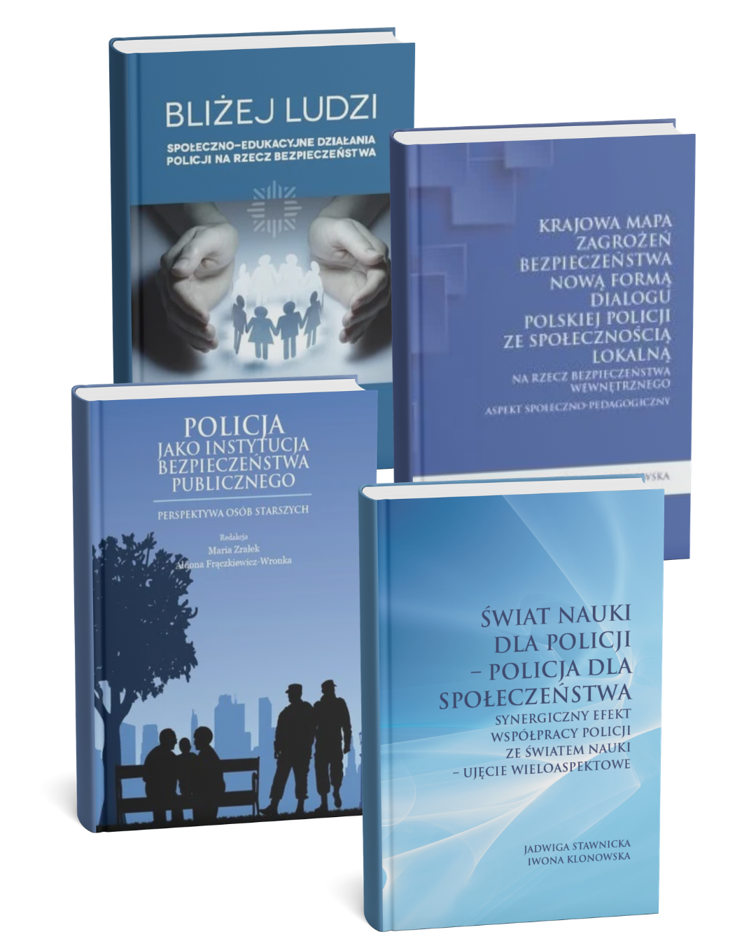 Cztery książki o tematyce Policji i bezpieczeństwa publicznego z niebieskimi okładkami, ustawione obok siebie; widoczne tytuły dotyczą działań społecznych Policji, mapy zagrożeń, roli Policji w bezpieczeństwie publicznym oraz współpracy Policji ze światem nauki.