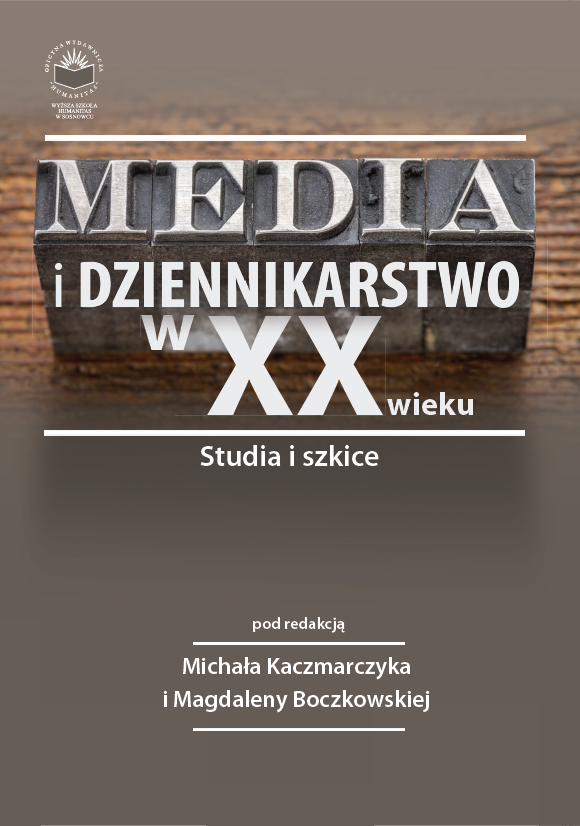 Okładka książki „Media i dziennikarstwo w XX wieku. Studia i szkice” pod redakcją Michała Kaczmarczyka i Magdaleny Boczkowskiej. Projekt utrzymany jest w stonowanej, brązowo-szarej kolorystyce. W górnej części znajduje się fotografia przedstawiająca metalowe czcionki drukarskie układające się w słowo „MEDIA”, co nawiązuje do tradycji druku i historii dziennikarstwa. Poniżej umieszczono tytuł publikacji oraz informację o redaktorach naukowych. W lewym górnym rogu widoczne jest logo wydawnictwa.
