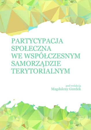 Okładka książki „Partycypacja społeczna we współczesnym samorządzie terytorialnym” pod redakcją Magdaleny Gurdek. Centralną część zajmuje biały obszar z zielonym tytułem, otoczony abstrakcyjną kompozycją geometrycznych, wielokątnych form w odcieniach zieleni i żółci. Układ graficzny tworzy efekt nieregularnej ramy wokół tekstu. Projekt wizualnie nawiązuje do tematyki współpracy, wspólnoty i złożoności procesów społecznych w samorządzie.