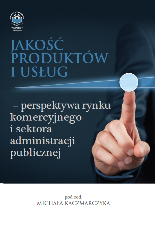Okładka książki „Jakość produktów i usług – perspektywa rynku komercyjnego i sektora administracji publicznej” pod redakcją Michała Kaczmarczyka. Tło utrzymane jest w ciemnoniebieskiej tonacji. W prawej części widoczna jest dłoń w garniturze dotykająca świetlnego, okrągłego punktu na poziomej linii, co przypomina interfejs cyfrowy. Projekt graficzny nawiązuje do tematyki jakości, nowoczesnych rozwiązań i zarządzania w sektorze publicznym oraz komercyjnym.