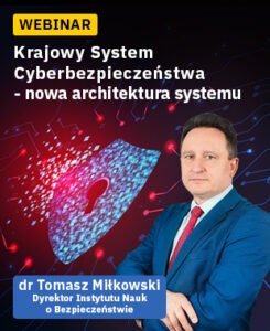 Na tle cyfrowych elementów i symbolu tarczy z kłódką, symbolizujących ochronę danych, widoczny jest prelegent – mężczyzna w garniturze. Podano jego dane: dr Tomasz Miłkowski, dyrektor Instytutu Nauk o Bezpieczeństwie.