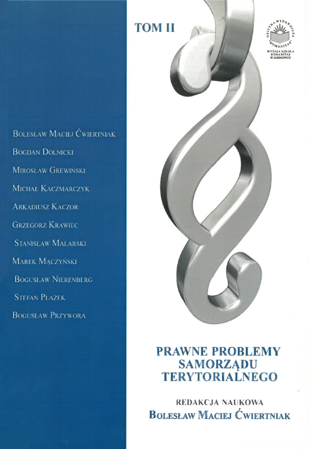 Okładka książki "Prawne problemy samorządu terytorialnego. Tom II". Na jasnym tle widoczny jest duży srebrny symbol paragrafu. Po lewej stronie znajduje się pionowy niebieski pas z listą autorów. Na dole umieszczono tytuł książki oraz informację o redakcji naukowej: Bolesław Maciej Ćwiertniak.