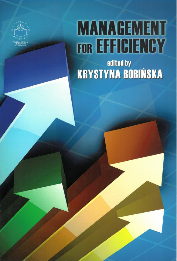 Okładka książki „Management for Efficiency”, pod redakcją Krystyny Bobińskiej. Tło jest niebieskie z delikatnym wzorem przypominającym siatkę lub połączenia. Na środku widoczny jest tytuł dużymi literami, a poniżej informacja o redakcji. Głównym elementem graficznym są kolorowe, trójwymiarowe strzałki w odcieniach niebieskiego, zielonego, żółtego i pomarańczowego, skierowane ukośnie w górę, co symbolizuje rozwój, postęp i efektywność. W lewym górnym rogu znajduje się niewielkie logo uczelni.