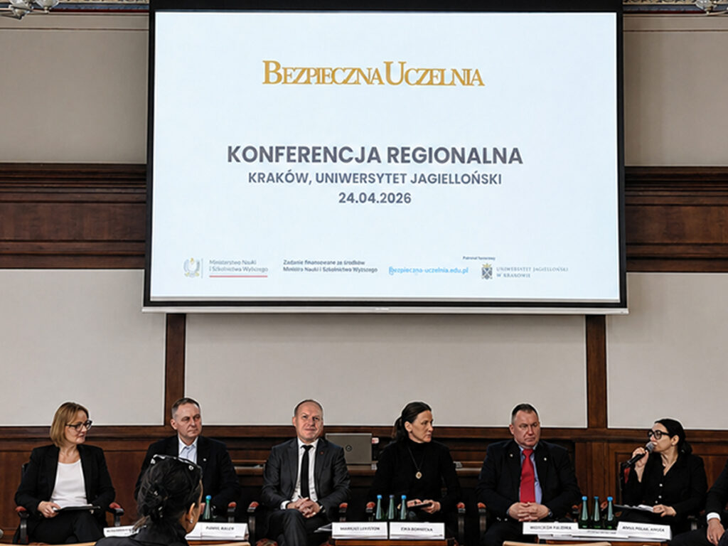 Panel dyskusyjny podczas konferencji „Bezpieczna Uczelnia” na Uniwersytecie Jagiellońskim.