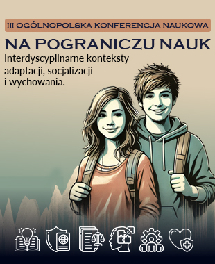 Grafika promująca ogólnopolską konferencję naukową „Na pograniczu nauk” z informacją o jej tematyce. Przedstawia ilustrację dwojga młodych osób oraz elementy graficzne nawiązujące do różnych dziedzin nauki.