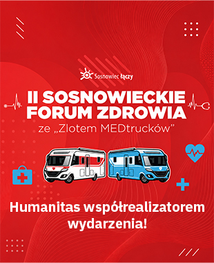 Plakat promujący II Sosnowieckie Forum Zdrowia z grafikami mobilnych punktów medycznych „MEDtrucków”.