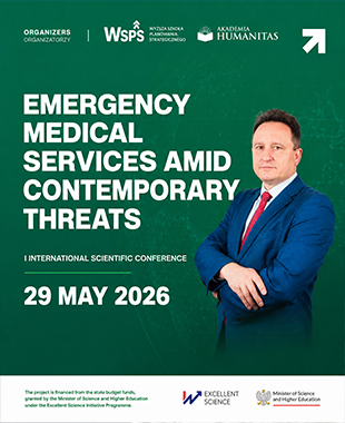 Grafika promująca międzynarodową konferencję naukową „Emergency Medical Services Amid Contemporary Threats”, która odbędzie się 29 maja 2026 r. Na zielonym tle widoczne jest zdjęcie mężczyzny w garniturze oraz logotypy organizatorów: Wyższej Szkoły Planowania Strategicznego i Akademii Humanitas.