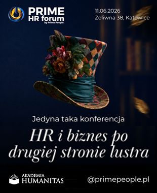 Grafika promująca konferencję Prime HR Forum, która odbędzie się 11 czerwca 2026 r. przy ul. Żeliwnej 38 w Katowicach. Na ciemnym tle widoczny jest kolorowy kapelusz, a na dole znajdują się logotyp Akademii Humanitas i adres primepeople.pl.