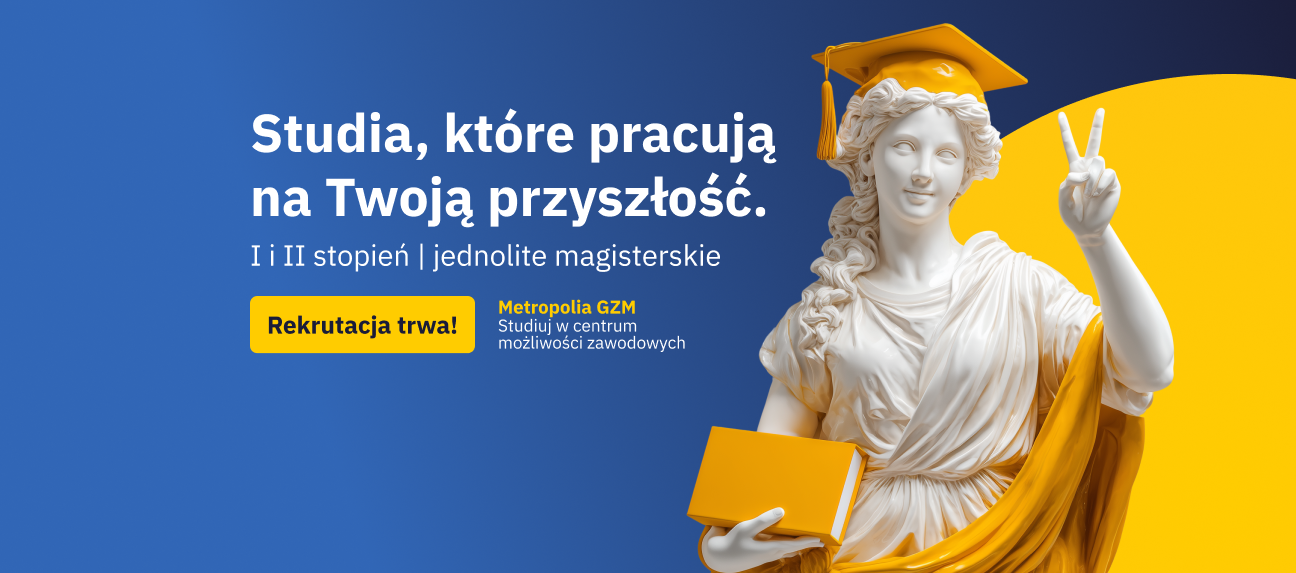 Grafika promująca rekrutację na studia I i II stopnia oraz jednolite magisterskie w Akademii Humanitas. Na niebieskim tle widoczny jest napis „Studia, które pracują na Twoją przyszłość” i informacja „Rekrutacja trwa!”, a po prawej znajduje się biała postać w birecie pokazująca znak zwycięstwa.