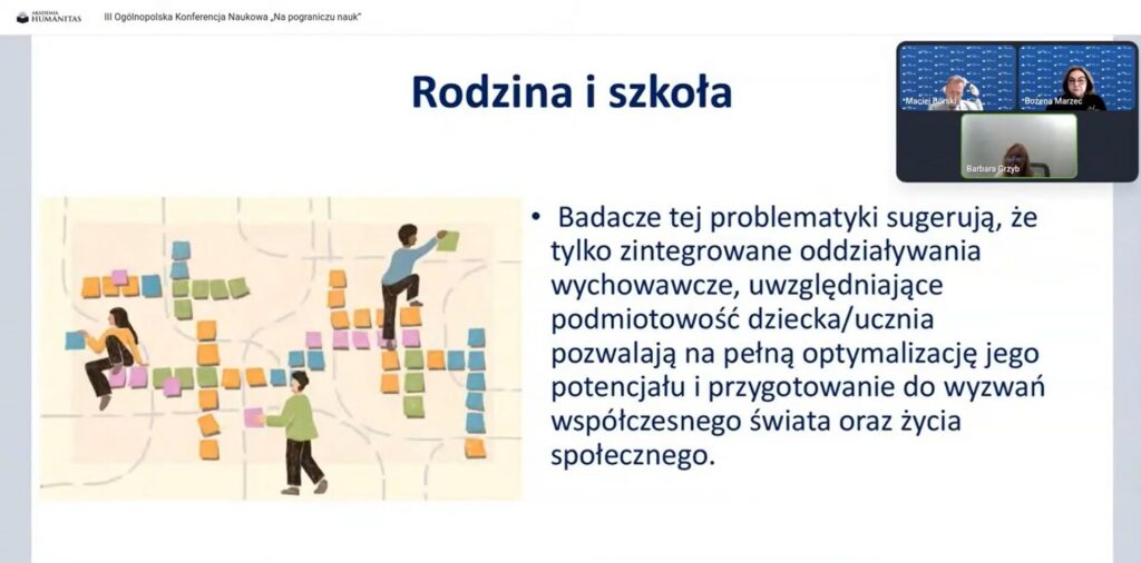 Zrzut ekranu z wystąpienia online Akademii Humanitas podczas III Ogólnopolskiej konferencji Naukowej "Na pograniczu nauk".
