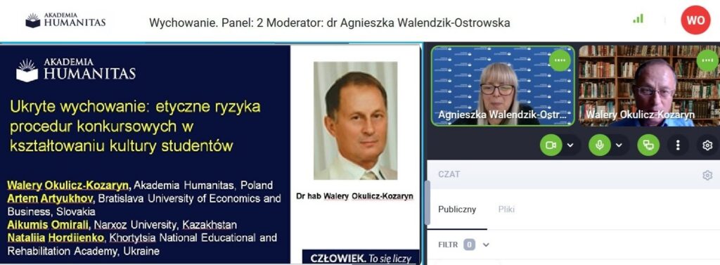 Zrzut ekranu z wystąpienia online Akademii Humanitas podczas III Ogólnopolskiej konferencji Naukowej "Na pograniczu nauk".