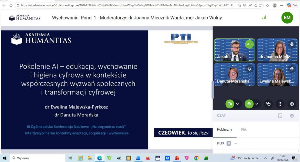 Zrzut ekranu z wystąpienia online Akademii Humanitas podczas III Ogólnopolskiej konferencji Naukowej "Na pograniczu nauk".