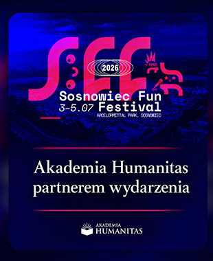 Grafika informująca, że Akademia Humanitas jest partnerem wydarzenia Sosnowiec Fun Festival 2026. Na plakacie widoczne są daty 3–5.07, lokalizacja ArcelorMittal Park w Sosnowcu oraz neonowa identyfikacja wizualna festiwalu w odcieniach granatu, różu i błękitu.