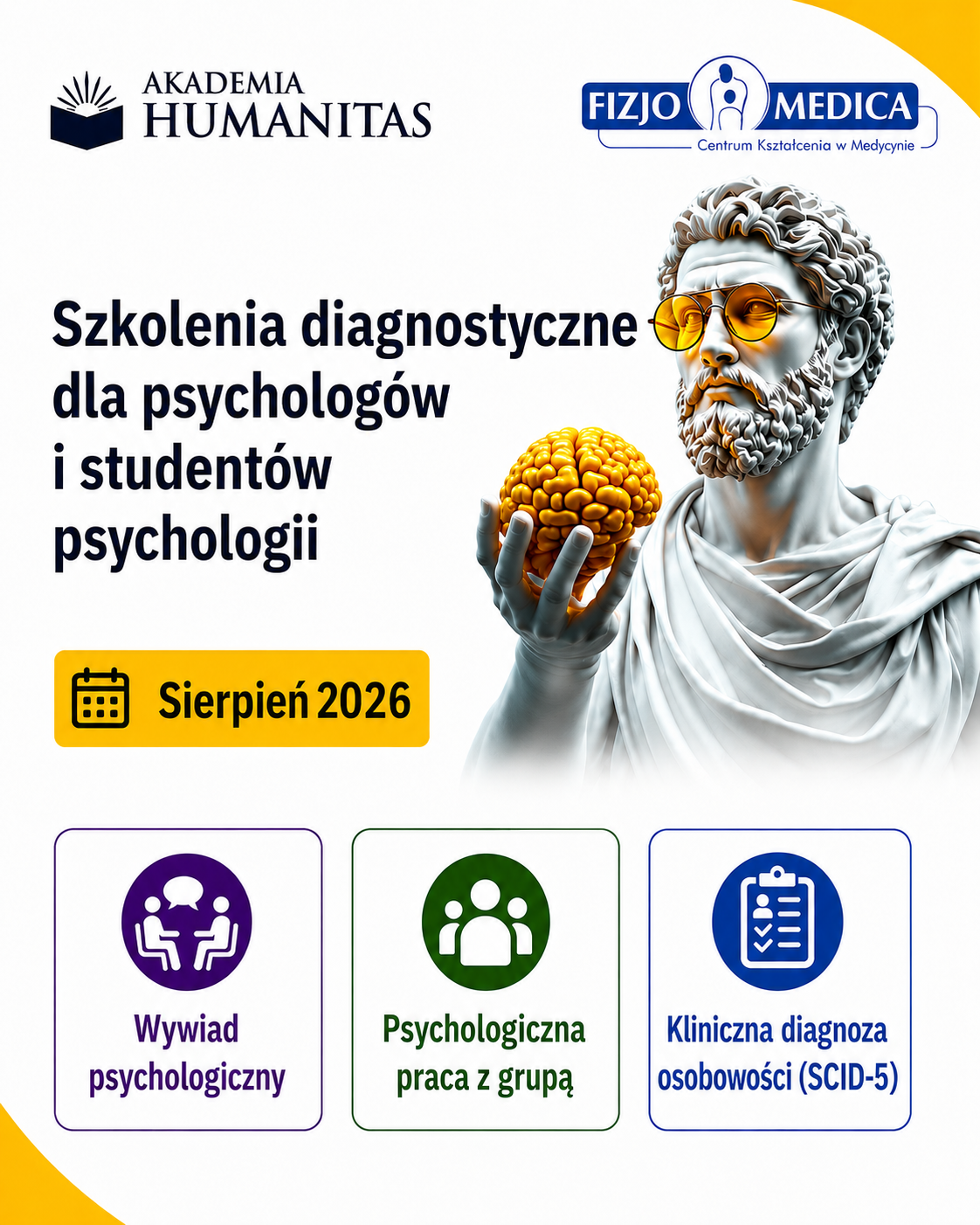 Grafika prezentująca szkolenia dla psychologów. U góry widać logo Akademii Humanitas i Fizjomedica. Poniżej blob z napisem "sierpień 2026"