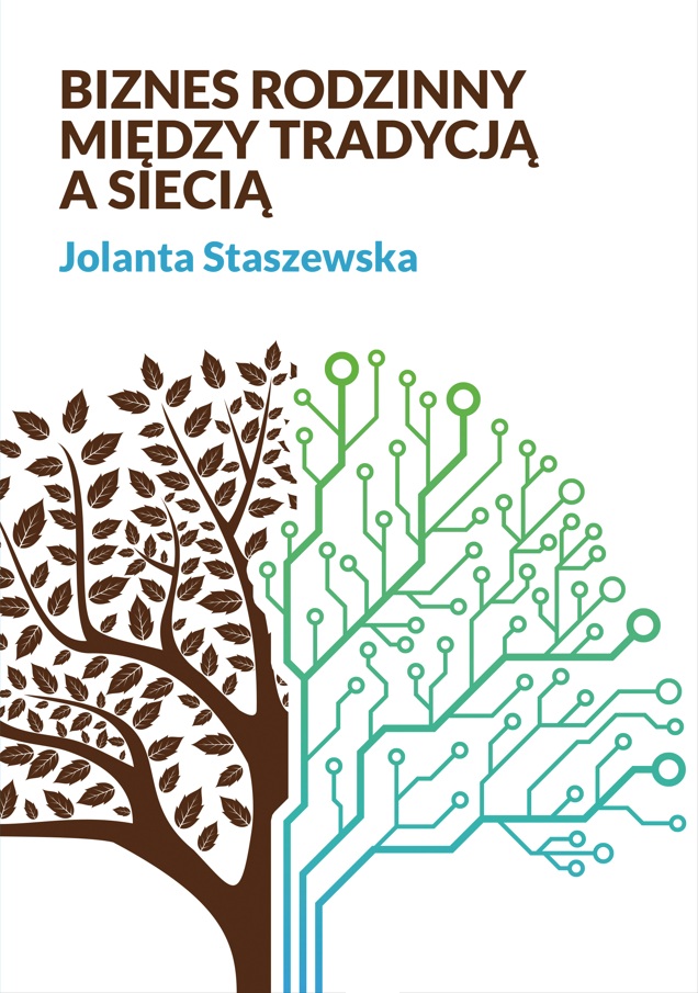 Okładka książki „Biznes rodzinny między tradycją a siecią” autorstwa Jolanty Staszewskiej. Na białym tle umieszczono tytuł i nazwisko autorki. Głównym elementem graficznym jest stylizowane drzewo podzielone na dwie części: lewa przedstawia tradycyjne drzewo z pniem, gałęziami i liśćmi w brązowym kolorze, prawa zaś ma formę sieci ścieżek elektronicznych w odcieniach zieleni i błękitu, przypominających obwody drukowane. Ilustracja symbolizuje połączenie tradycji z nowoczesnymi technologiami w prowadzeniu biznesu rodzinnego.