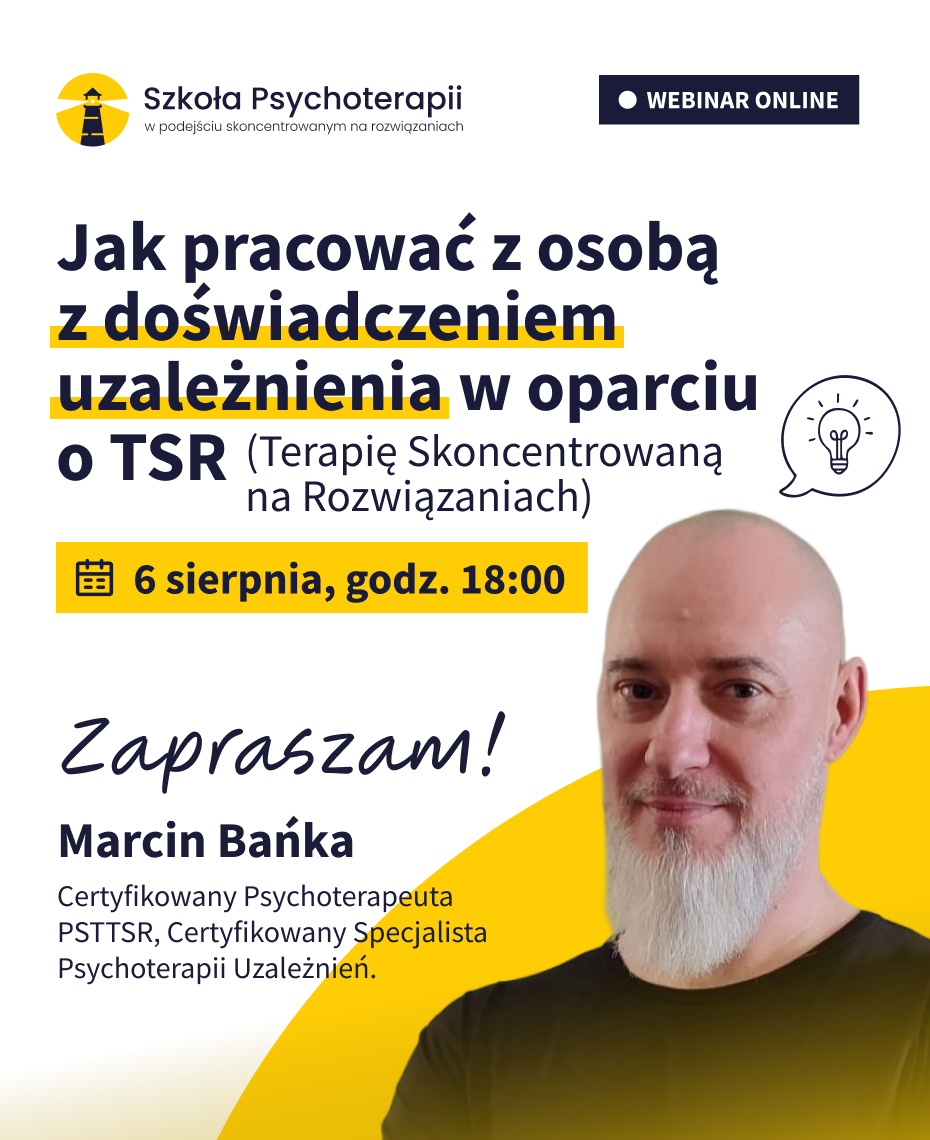 Grafika promująca webinar TSR w pracy z osobami z doświadczeniem uzależnienia. 6 sierpnia, godzina 18:00