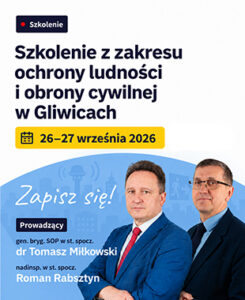 Grafika promująca szkolenie z zakresu ochrony ludności i obrony cywilnej w Gliwicach. Widoczne są informacje o terminie 26–27 września 2026 r., zachęta „Zapisz się!” oraz zdjęcia prowadzących: dr. Tomasza Miłkowskiego i Romana Rabsztyna.