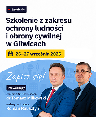 Grafika promująca szkolenie z zakresu ochrony ludności i obrony cywilnej w Gliwicach. Widoczne są informacje o terminie 26–27 września 2026 r., zachęta „Zapisz się!” oraz zdjęcia prowadzących: dr. Tomasza Miłkowskiego i Romana Rabsztyna.