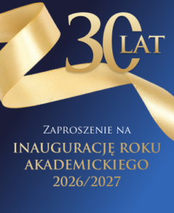 Grafika zaproszenia na inaugurację roku akademickiego 2026/2027 w Akademii Humanitas. Na granatowym tle widoczna jest złota wstęga jubileuszowa oraz napis „30 lat”, nawiązujący do obchodów 30-lecia uczelni.