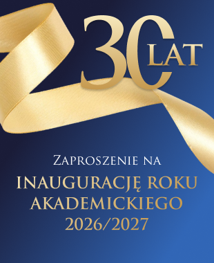 Grafika zaproszenia na inaugurację roku akademickiego 2026/2027 w Akademii Humanitas. Na granatowym tle widoczna jest złota wstęga jubileuszowa oraz napis „30 lat”, nawiązujący do obchodów 30-lecia uczelni.