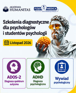 Grafika promująca szkolenia dla psychologów i studentów psychologii. Na pierwszym planie antyczny posąg trzymający w ręce mózg ludzki. Dominująca kolorystyka to biel, granat i żółty.